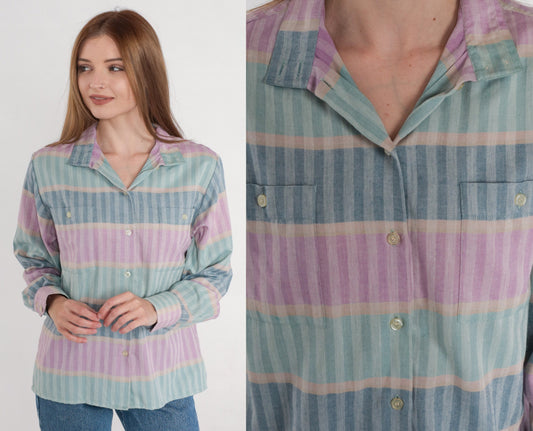 90s Striped Button-Up Blouse Multicolor Long Sleeve Collared Shirt Small