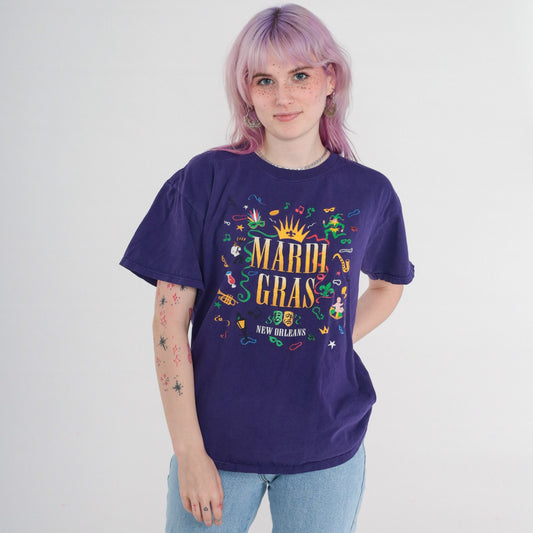 90s New Orleans Mardi Gras Masquerade Graphic T-Shirt Purple Jerzees Large