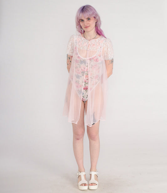 70s Baby Pink Sheer Nylon Lingerie Robe Lace Puff Sleeve Small
