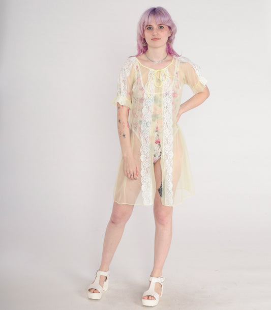 70s Yellow Sheer Nylon Lace Lingerie Robe Kimono Small