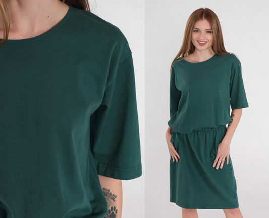 90s Hunt Club Green Cotton T-Shirt Dress Knee Length Drop Waist Medium