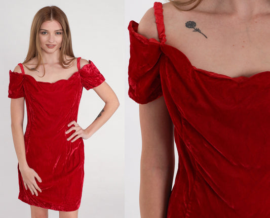 90s Red Velvet Mini Dress Off-Shoulder Scalloped Sheath Medium