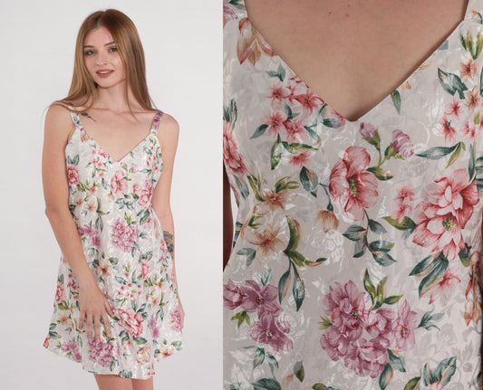 90s Floral Embossed Leaf Slip Dress Mini Chemise White Pink Medium