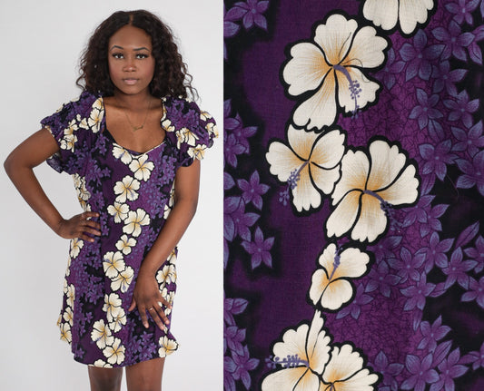 Y2K Purple Tropical Floral Mini Dress Ruched Sleeve Sheath Large L