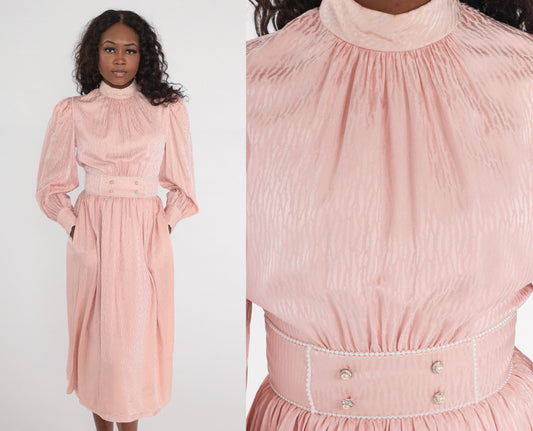 80s Diane Dickenson Saks Fifth Ave Baby Pink Midi Dress Puff Sleeve Small