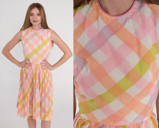 1960s Checkered A-Line Sundress High Waist Sleeveless Pink Orange Green Mini Extra Small