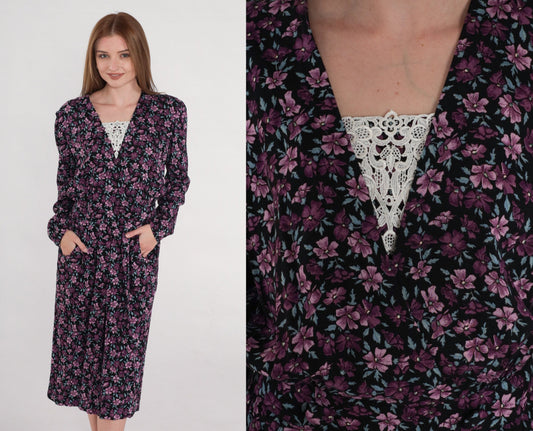 90s Karin Stevens Floral Midi Dress Purple Puff Sleeve V-Neck Small