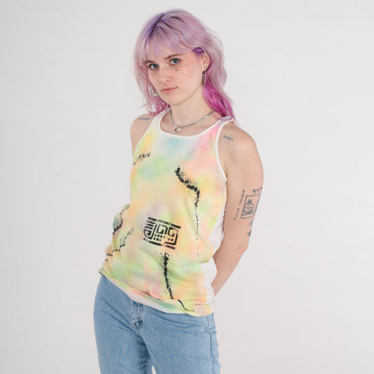 90s Airbrushed Neon Geometric Tank Top White Orange Green Small S