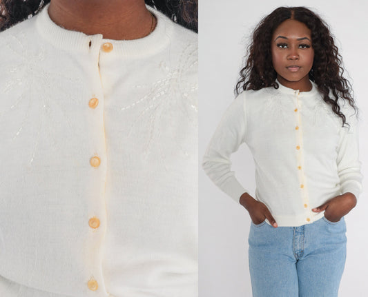 1960s Beaded Cardigan White Button-Up Knit Sweater Small