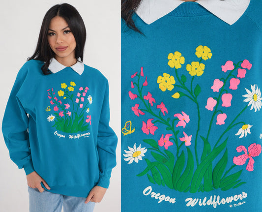 90s Oregon Wildflowers Blue Puffy Paint Floral Sweatshirt Collared Raglan Extra Large