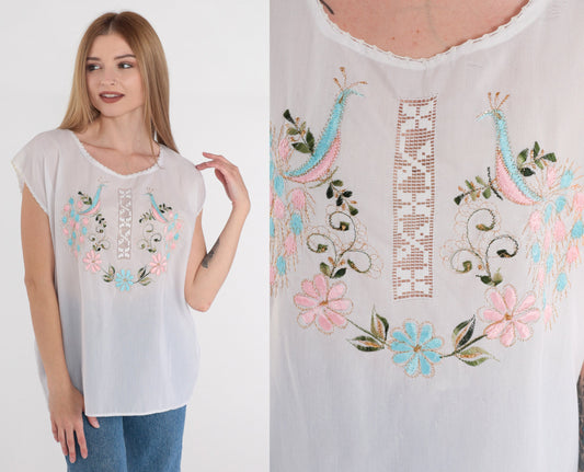 90s White Embroidered Cutwork Blouse Glittery Bird Floral Cap Sleeve Small S