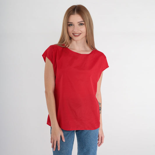 90s Red Cap Sleeve Blouse Plain Vintage Shirt Medium