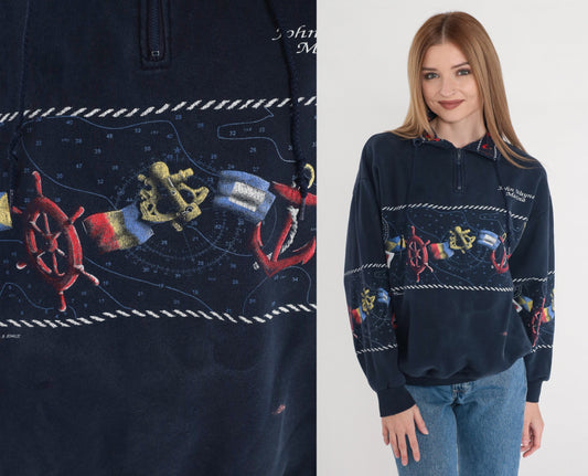 90s John Wayne Marina Celestial Quarter Zip Sweatshirt Navy Blue Medium M