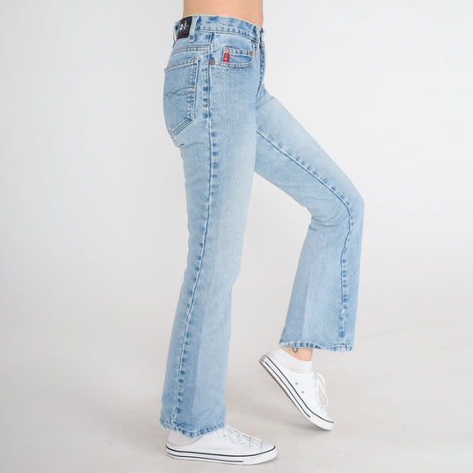 00s Lei Flared Low Rise Jeans Faded Blue Denim Distressed Bootcut 2XS
