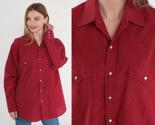 90s Red Western Pearl Snap Shirt Cowboy Button Up Medium M