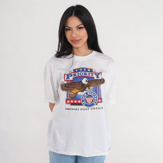 Y2K Fresno Post Office USPS Eagle Graphic Tee White Cotton Large L