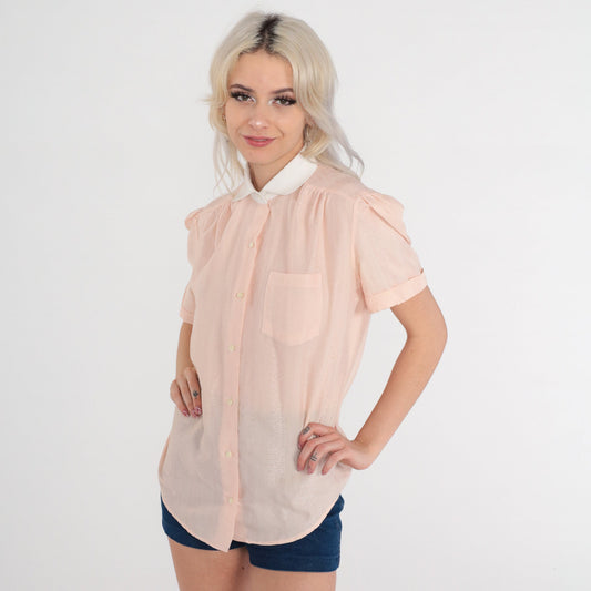 80s Peach Pink Embossed Floral Puff Sleeve Button Up Blouse Large