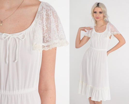 70s White Lace Flutter Sleeve Midi Dress High Waist Elastic Neckline Small Medium