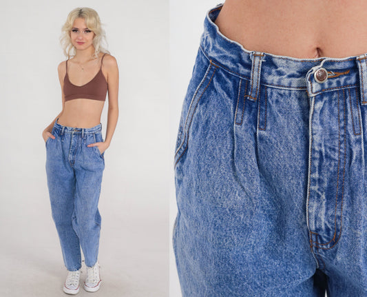 90s Bill Blass High Waist Pleated Tapered Denim Jeans Blue Small