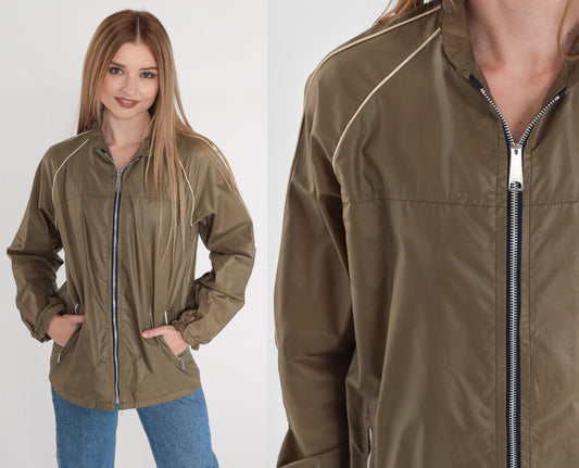 70s Olive Brown Nylon Windbreaker Jacket Zip Hood Large L