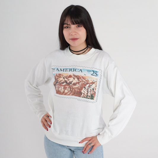 90s Puas America Grand Canyon Stamp Sweatshirt White Distressed Small