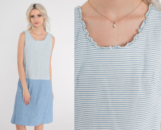 60s Mod Shift Dress Blue White Striped Mini Drop Waist Sleeveless Small