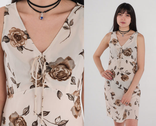 90s Floral Babydoll Dress Beige Empire Waist Lace-Up Mini Sleeveless Small