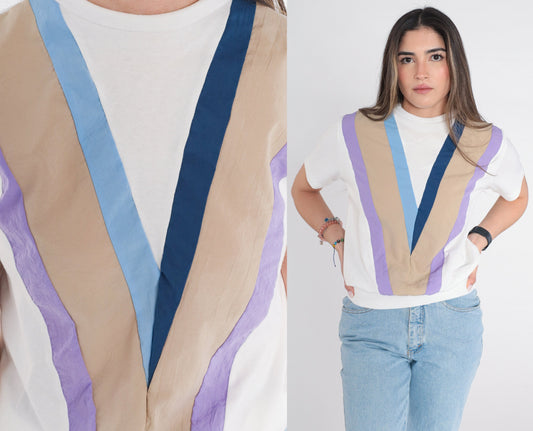 80s Chevron Striped T-Shirt White Blue Purple Banded Hem Small Medium