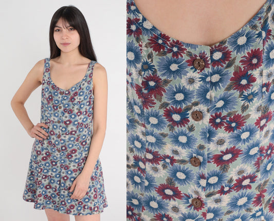 90s Floral Button-Up Romper Sleeveless Wide Leg Blue Red Daisy Small