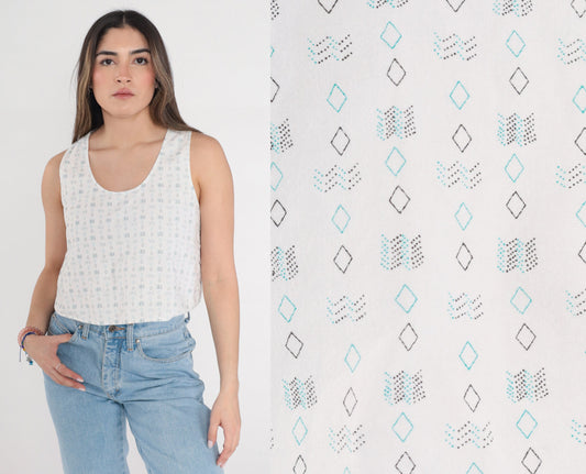 90s White Crop Tank Top Racerback Diamond Zigzag Print Small