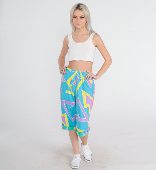 80s Blue Capri Pants Abstract Geometric Print High Waist Drawstring Small Medium