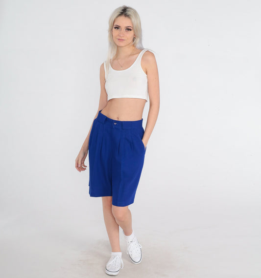 80s Blue Pleated High-Waisted Shorts Knee Length Medium