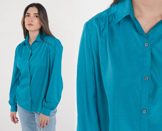 80s Lady Manhattan Blue Button-Up Blouse Shoulder Pleats Collared Long Sleeve Large