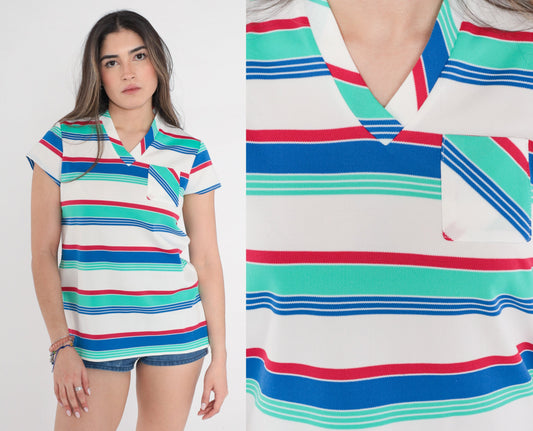 70s Striped V-Neck T-Shirt White Red Green Blue Pocket Tee Medium