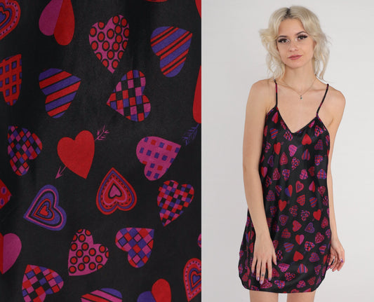 00s Heart Print Black Slip Dress Mini Spaghetti Strap Side Slit Small
