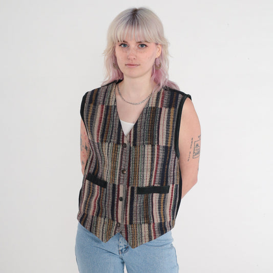 90s Striped Wool Blend Vest Snap Button Sleeveless Knit Small S