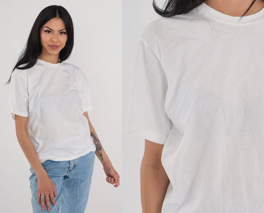 80s Hanes White Cotton T-Shirt Crewneck Plain Tee Large L
