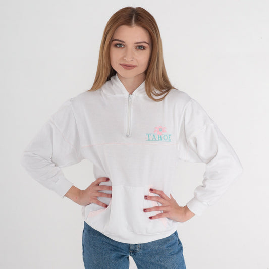 80s Lake Tahoe Quarter Zip Hoodie White Graphic Sweatshirt Kangaroo Pocket Small
