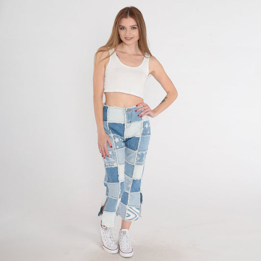 Y2K Patchwork Cropped Jeans Blue Floral Star Print Side Slits 2XS