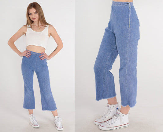 70s Bell Bottom Jeans Cropped High Rise Raw Hem Blue Denim Extra Small