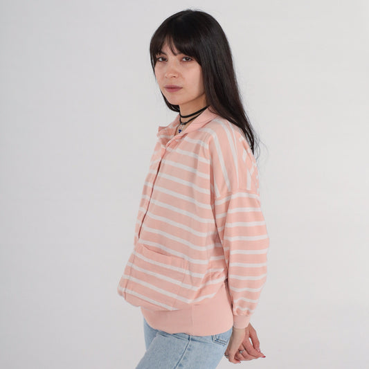 90s Peach Striped Polo Sweatshirt Collared Cotton Blend White Large