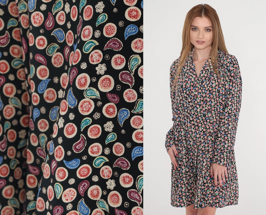 90s Leslie Fay Faux Wrap Mini Dress Paisley Floral V Neck Long Sleeve Black Medium