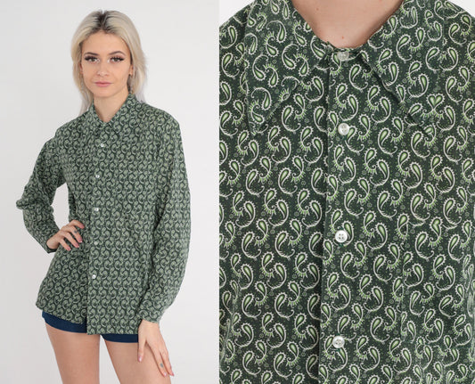 70s Paisley Button-Up Shirt Dark Green Pointed Collar Disco Long Sleeve Medium