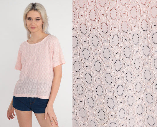 80s Baby Pink Sheer Lace Cutout Blouse Short Sleeve Large L
