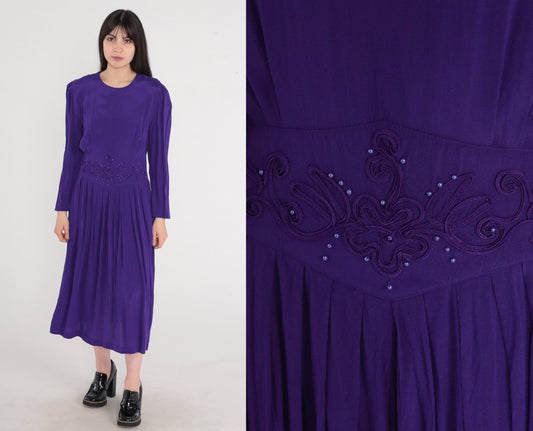 80s Karin Stevens Royal Purple Beaded Midi Dress Puff Sleeve Medium