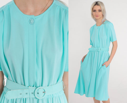80s Mint Blue Button-Up Midi Shirtdress High Waisted Belted Secretary Medium