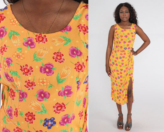 90s Molly Malloy Floral Midi Dress Yellow Print Sleeveless Wrap Slit Medium