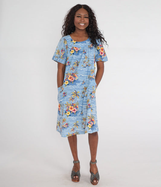 70s Hawaiian Tropical Floral Midi Dress Palm Tree Tent Cut Blue Large