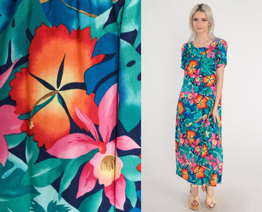 1970s Tropical Floral Maxi Dress Puff Sleeve Tent Cut Green Blue Orange Pink Medium