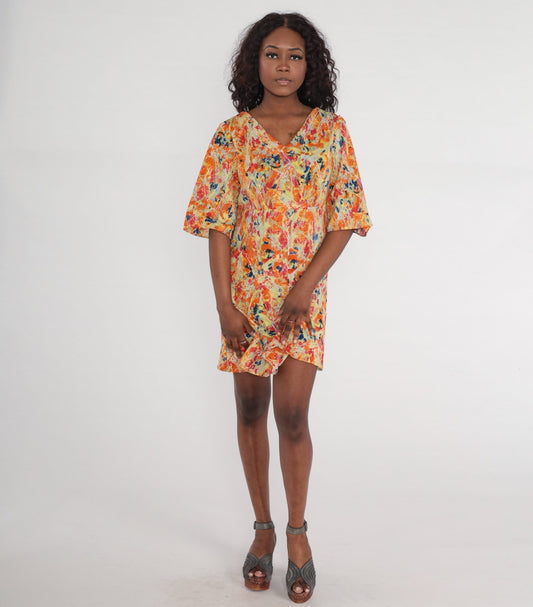 70s Psychedelic Mini Dress Empire Waist Bell Sleeve V Neck Medium Large